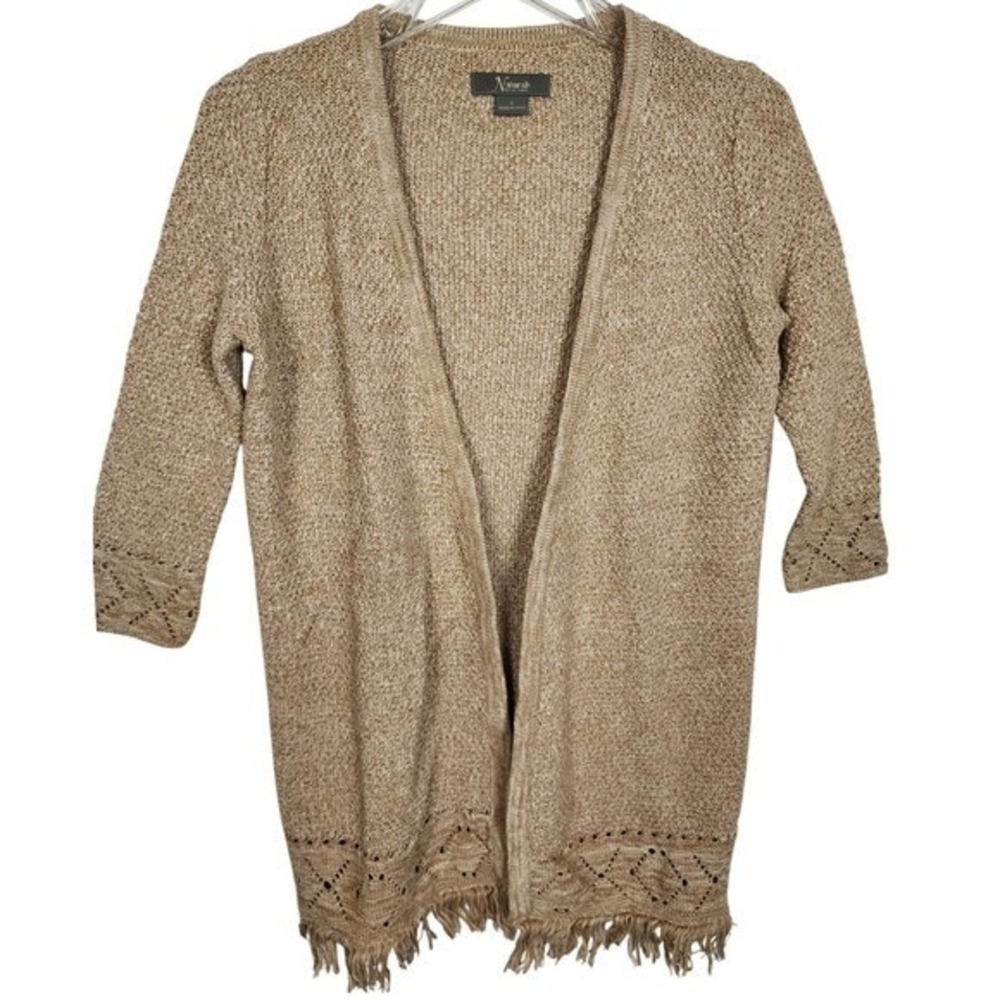 Natural Reflections Fringe Hem Open Front Knit Cardigan Duster Boho Fall Fest